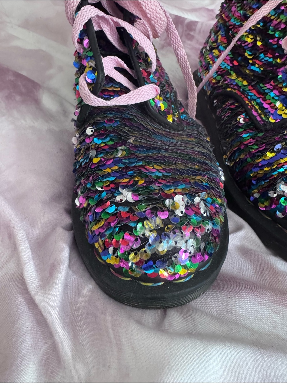 Dr Martens (Doc Martens) Sequin Combat Boots Multi Rainbow to Silver flip sequin - Picture 8 of 10